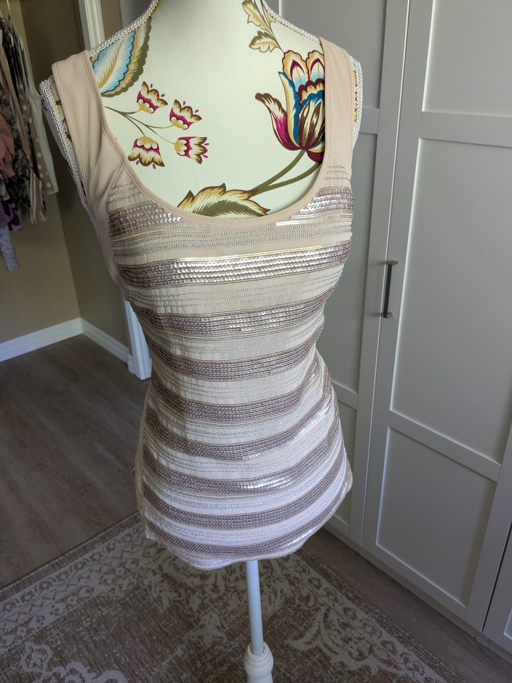 Express Beige Sequin Striped Scoop Tank